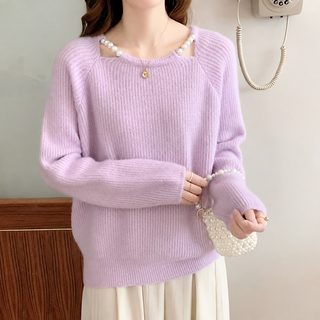 디자인 부드럽고 달콤하다 가을 겨울 신상 니트 긴팔 헐렁헐렁 진주 펀칭
