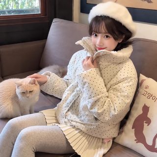 여성 겨울 폴카닷 퍼카라 다운솜 패딩 점퍼 루즈핏 두꺼운 숏패딩 보온 재