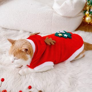 고양이 크리스마스 옷 겨울 보온 기모 조끼 빨간 엘크 의상
