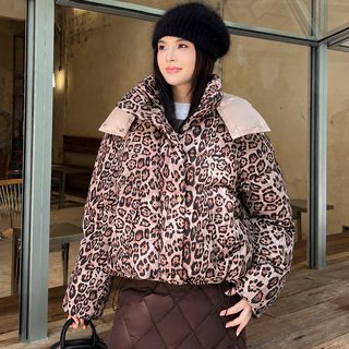 여성 레오파드 패턴 숏 패딩 키작녀 겨울 두꺼운 하이넥 후드 점퍼