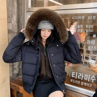 겨울 백합 네이비 후드 털넥 짧은 솜옷 솜저고리 여자 신상 보온 두꺼운 패
