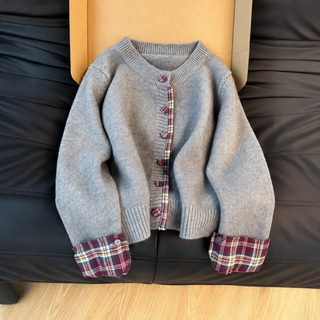 박색 체크 패치 디자인감 긴팔 니트 카디건 가을겨울 라운드 네크라인 가짜 투피스 여성 스웨터 외투