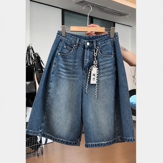 牛仔短裤女夏季薄款2025新款高腰大码a字小个子休闲阔腿五分中裤