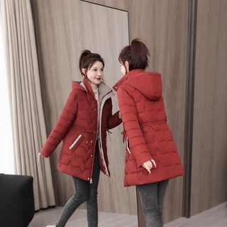 여성 겨울 롱 후드 패딩 점퍼 허리 슬림핏 두꺼운 다운솜 보온 코트