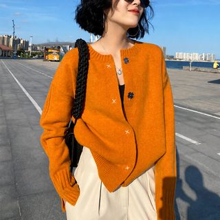 가을 겨울 신상 분위기감 호박색 니트 카디건 나른한 바람 겉옷 라운드 소