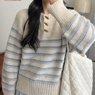 韩版少女感撞色条纹针织衫上衣宽松休闲显瘦圆领牛角扣套头针织衫