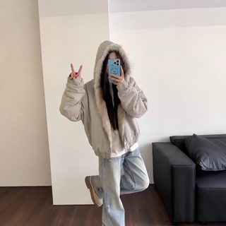 미국식 cleanfit 털북숭이 좌산 조각 후드 재킷 면복 남녀 겨울 두께 짧은 작