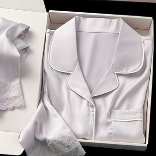 봄 가을 잠옷 여자 프랑스식 자수 레이스 순색 긴 소매 긴 바지 빙설사 경사