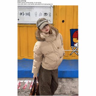 큰 털넥 후드 패딩 면복 여자 겨울 2025 새로운 디자인 감각 작은 키 두께 보온 면옷 외투