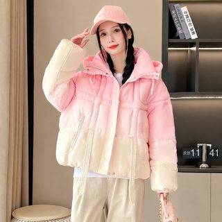 2025 신상 그라데이션 다운 면복 여자 미국식 유행 학원 후드 와이드 면옷 겨