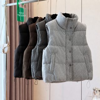 秋冬毛呢立领棉马甲女短款单排扣抽绳下摆无袖背心休闲叠穿坎肩