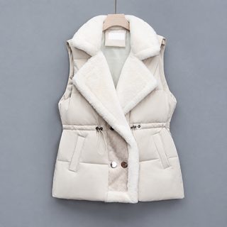 여성 슬림핏 퍼 배색 패딩 조끼 테일러드 카라 허리라인 겨울 베스트 아우