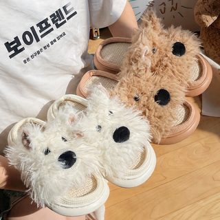 린넨 강아지 패턴 커플 실내 슬리퍼 남녀공용 사계절 거실화