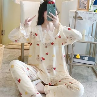 파자마 여춘 가을 긴팔 레이스 레이스 프린세스풍 한국판 궁중풍 학생 달콤 와이드 투피스
