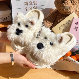 낙서 강아지 캐릭터 두꺼운 밑창 면마 실내화 슬리퍼 여름용 남녀공용