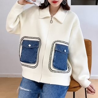 베이지색 데님 접합 짧은 외투 캐주얼 니트 카디건 여자 신상 한국계 작은