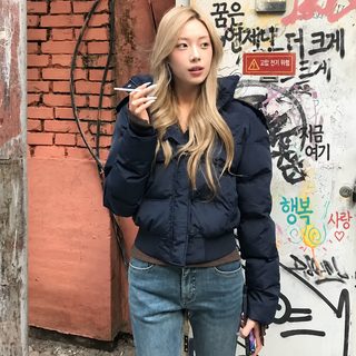 2026 한국계 작은 키 디자인 털넥 후드 겨울 패딩 면복 여자 겨울 신상 빵옷 두껍고 헐렁하다