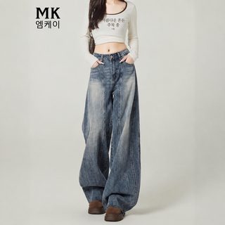 빈티지 블루 와이드 데님 팬츠 여성 가을 트렌드 백합 신상 디자인감 하이웨이스트 수직감 엘보우 바지