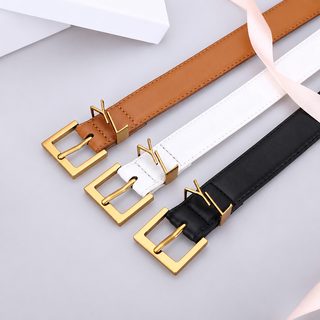 여성 PU 가죽 벨트 YSL 셀린 영문 로고 골드 실버 버클 데일리 청바지 통근 패