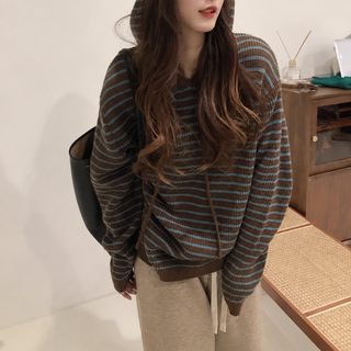 한국계 가을 겨울 신상 컬러 스트라이프 여성 니트 후드 작은 키 나른한 바
