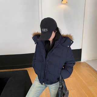 겨울 백합 네이비 후드 털넥 짧은 솜옷 솜저고리 여자 신상 보온 두꺼운 패딩 솜옷 외투