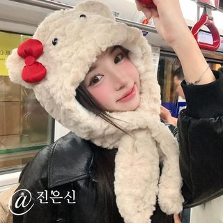 강화 보온 귀 보호 모자 목도리 일체 겨울 리본 곰돌이 털털 뇌봉 모자 여자