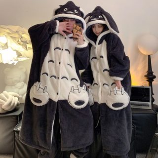 겨울 후드 커플 롱 가운 세트 롱 벨벳 가운 남녀 캐릭터 귀여운 잠옷 가운
