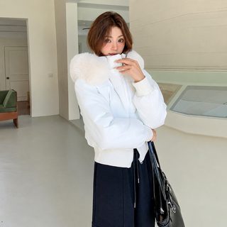 대외무역 미국식 고급감 큰 털넥 패딩 면복 여자 허리 후드 두께 보온 여성 겨울 재킷 붐