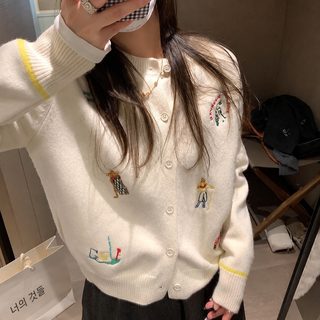 韩版别致小刺绣圆领针织开衫女秋冬2025新款上衣软糯针织女士毛衣