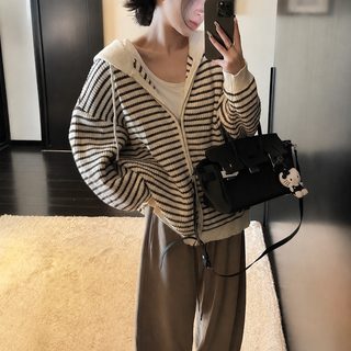 가을 신상 스트라이프 나른한 니트 카디건 오버핏 디자인감 후드 지퍼 여성