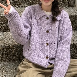 2025 가을겨울 신상 여성 빈티지 꽈배기 카라 니트 가디건 루즈핏 데일리 스