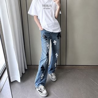 십자가 크로 패치 워싱 데님 팬츠 남녀공용 루즈핏 스트레이트 와이드 청바