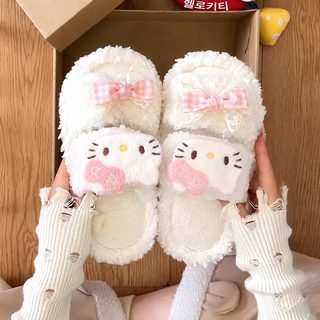 여성 겨울 털 슬리퍼 귀여운 고양이 리본 보온 실내화 데일리 일자형 슬리