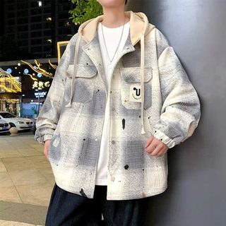 2025 봄가을 남성 체크 후드 재킷 루즈핏 캐주얼 학생용 패션 아우터