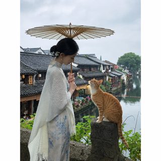 신중식 치파오 숄 여성 겉차림 복고 민족풍 삼각건 강남 관광 니트 카디건 망토 스카프