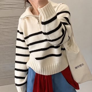 디자인 감각 터틀넥 반지퍼 스트라이프 스웨터 여성 커버 오버핏 가을 겨울 나른하고 부드러운 찹쌀 니트 여성 스웨터