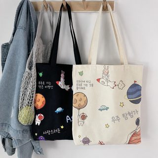 여성 캔버스 숄더 토트백 대용량 지퍼형 우주 캐릭터 프린트 대학생 학원