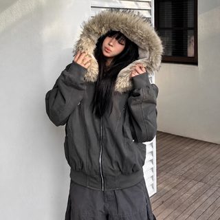 미국식 레트로 좌산조 여성 인조 퍼 카라 겨울 숏패딩 두꺼운 솜패딩 파카