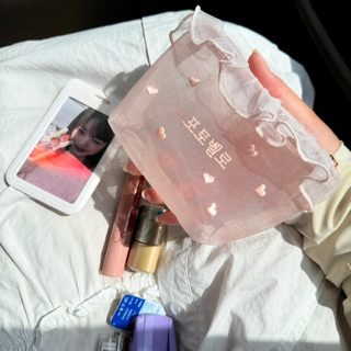하트 자수 망사 투명 파우치 휴대용 티슈 소품 수납가방 여성용 지퍼 파우