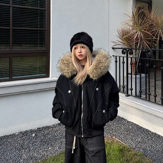 여성 아메리칸 레트로 독수리 디자인 후드 파카 겨울 솜패딩 숏 재킷
