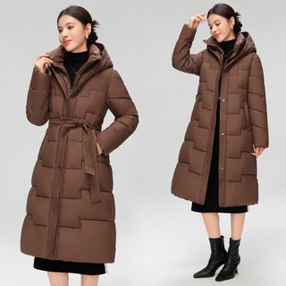 여성 중롱 솜패딩 겨울 후드 벨트 슬림핏 두꺼운 무릎길이 보온 외투