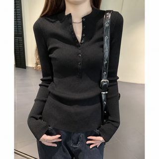 여성 한국 스타일 하프 오픈넥 버튼 슬림핏 니트 긴팔 가을 겨울 이너 상의