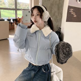 美式复古翻领羊羔绒毛领羽绒棉服女2025年新款冬季保暖短款棉衣