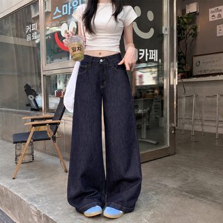 워싱 네이비 청바지 늘어짐 스트레이트 와이드 팬츠 여자 가을 하이웨스트