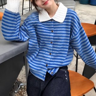 2025 가을 나른한 바람 빈티지 컬러 스트라이프 여성 스웨터 캐주얼 폴로 넥