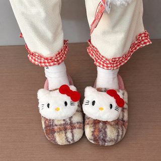 새로운 귀여운 고양이 만화 격자 털털 슬리퍼 여자 실내외 미끄럼 방지 포