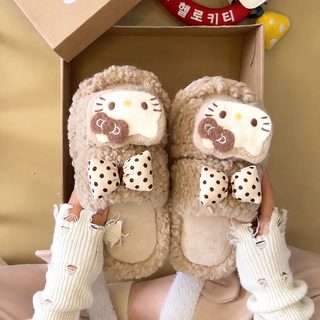 자오야오 여성용 리본 고양이 털 슬리퍼 겨울 방한 두꺼운 밑창 외출용 퍼