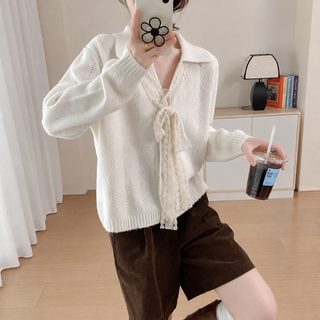 2025秋冬新款翻领针织衫温柔风蕾丝系带设计纯色女式毛衣落肩袖
