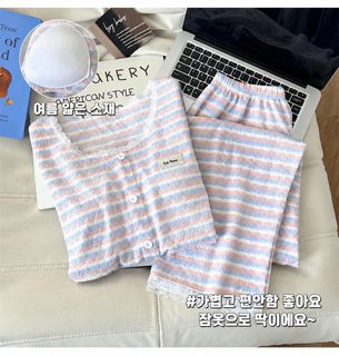 모달 여성 잠옷 세트 봄가을 긴팔 긴바지 스트라이프 레이스 카디건 홈웨어