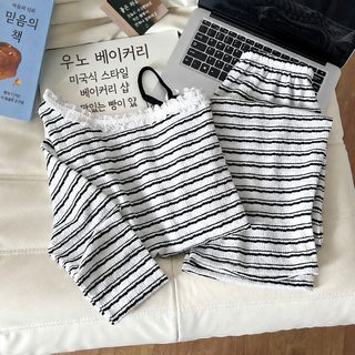 봄 가을 신상 잠옷녀 모달 줄무늬 색직 레이스 칼라 오프숄더 커버 더블 롱